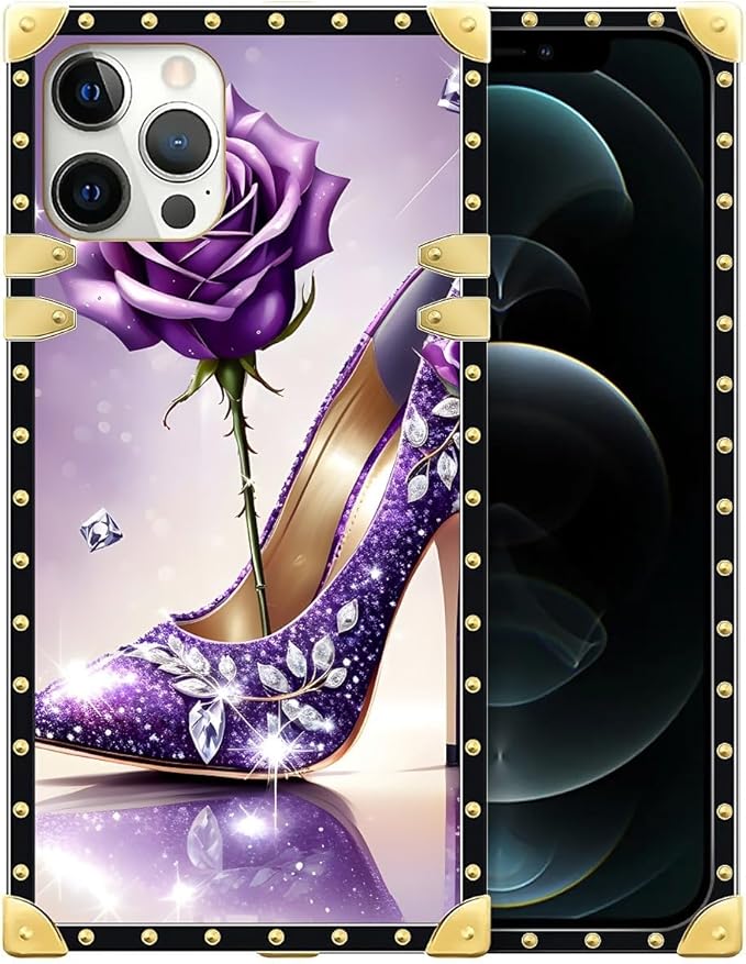 Compatible with iPhone 12 Pro Max Case, High Heeled Purple Diamond Rose Luxury Golden Decoration for Girl Women Soft TPU Shockproof Protective Hard PC Back for iPhone 12 Pro Max
