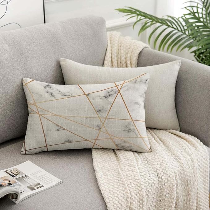 TKS MITLAN Golden Gray Marble Pillow Covers 12x20 Inch Stone Block Geometric Luxury Creative Chic Lines Stain Triangle Rustic Linen Throw Pillow Covers 12x20 Inch for Sofa Couch Decoration