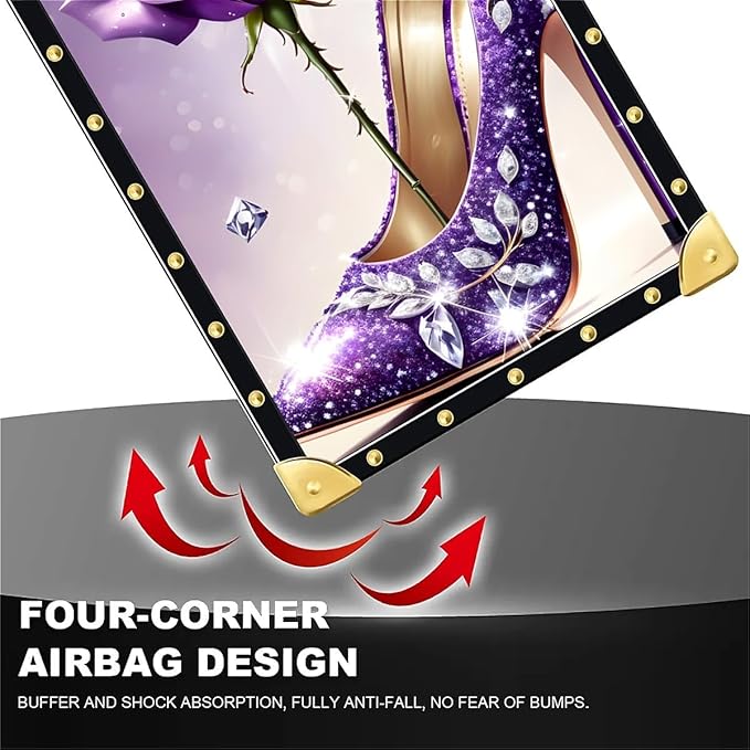for iPhone 17 Pro Max Case Luxury Golden Decoration for Girl Women Soft TPU Shockproof Protective Hard PC Back for iPhone 17 Pro Max Crazy Pattern High Heeled Purple Diamond Rose