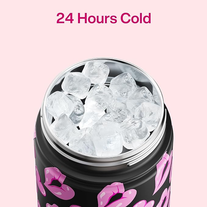 ENCOOL Valentine's Day Insulated Water Bottle with Straw Stainless Steel Water Bottle, Leak-Proof, BPA-Free, Keeps Cold for 24 Hours for Sports, Travel, School (26 oz, Kiss Love Violet x Black)
