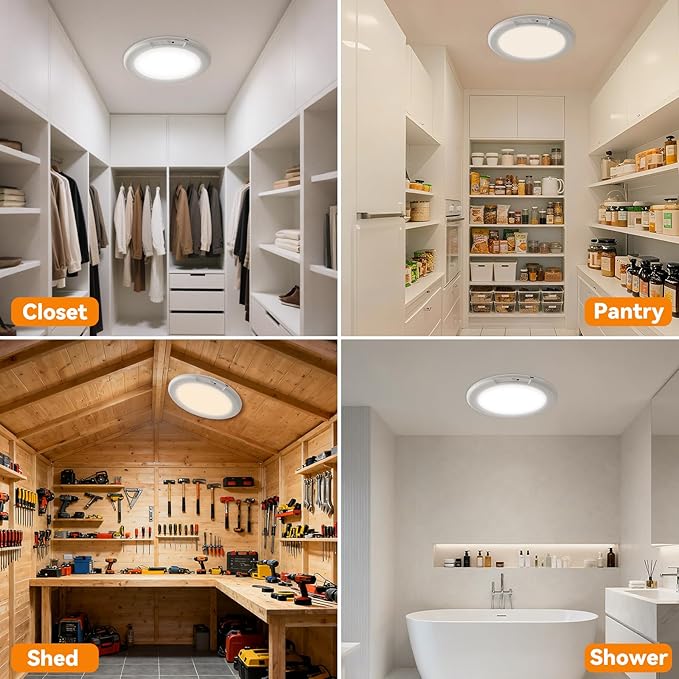KYEKIO Rechargeable Ceiling Light 2Pack, 3 Color Magnetic Shower Lights with Remote, Wireless Dimmable Closet Light Battery Operated, LED Motion Sensor Lights for Pantry Shed Hallway Porch Stairs