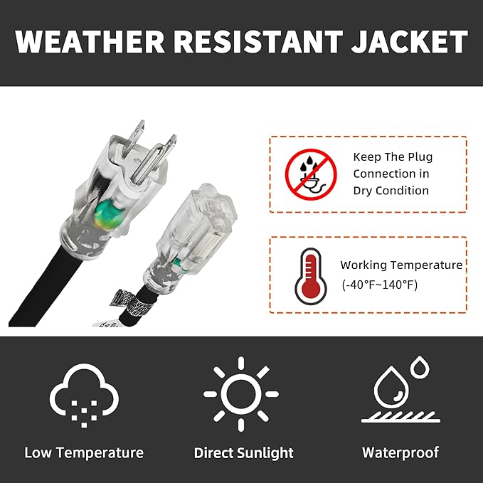 Indoor Outdoor Extension Cord Weatherproof with Lighted End, UL Certified, 14 Gauge 15FT Black 3 Prong Heavy Duty, 14/3 SJTW 15A Power Cord for Outdoor Lights, Lawn