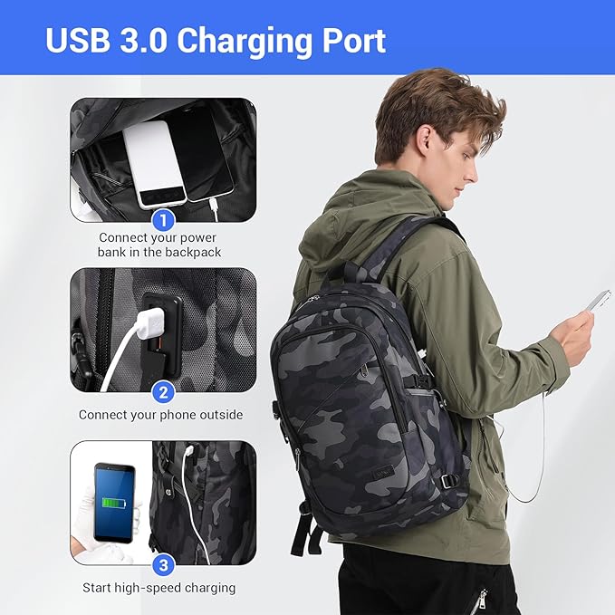 Kono Travel Laptop Backpack with USB Charging Port, Business Anti Theft Slim Sturdy Personal Item Bag, Water Resistant College Computer Daypack for Men & Women Fits 15.6 Inch Notebook, Camo