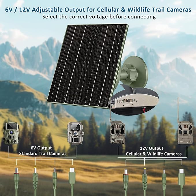 Zivif Solar Panel for Trail Camera, 10W Solar Charger Built-in 10400mAh Rechargeable Battery, 6V/12V Adjustable Output, USB-C & DC Plugs IP66 Waterproof, 360° Adjustable Mount