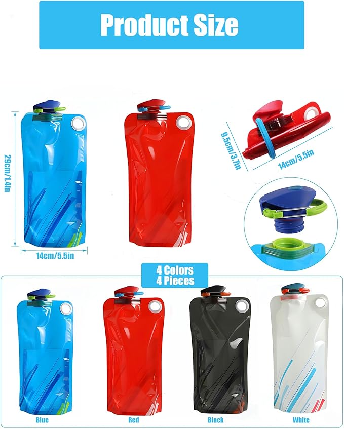 4 Pack Collapsible Water Bottle with Carabiner, 33oz Foldable Reusable BPA-Free Water Bottles with Leakproof Lid for Traveling Hiking Camping Biking