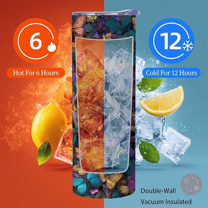 Firmiso 20 oz Tumbler｜Skinny Insulated Travel Mug｜Butterfly Skull Design Stainless Steel Cup with Lid and Telescopic Straw｜Gothic Aesthetic Drinkware｜Artistic Gift Idea for Women Men
