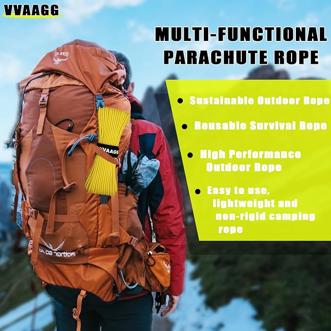 VVAAGG 1000 Paracord Rope, 50ft 12 Strand Parachute Cord for Crafting, DIY Projects, Survival Bracelets, Camping, Tent, Clothsline, Outdoor Hiking, Fishing (Yellow, 50FT)