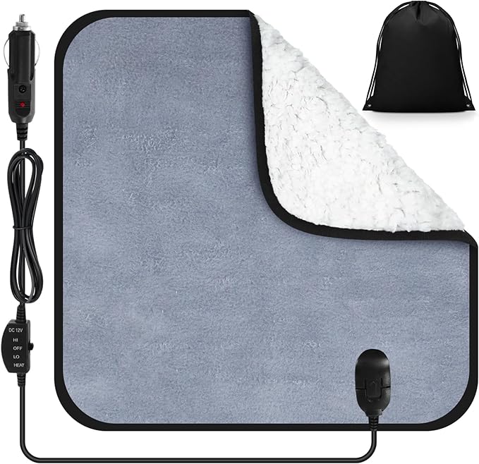 Tuanse 16 x 16 Inches Car Electric Blanket 12 Volt Heated Car Blanket with Temperature Controller and Black Storage Bag Cold Weather Tailgating and Emergency Kit(Gray, White Cotton,Blank)