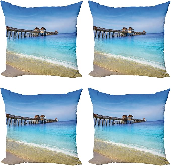 Ambesonne Dock Decorative Throw Pillow Case Pack of 4, Naples Pier Paradise Beach at Ocean in Florida USA Sunny Tropical Destination, Cushion Cover for Couch Living Room Car, 18", Azure Blue