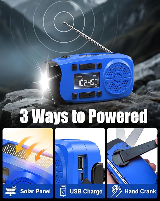 Runningsnail Emergency Weather Radio, 7400mWh Hand Crank Emergency Radio with LCD Display, Support Weather Alert Radio, USB/Solar/Hand Crank,1W Flashlight&SOS Alarm for Outdoor&Home Emergency (Blue)