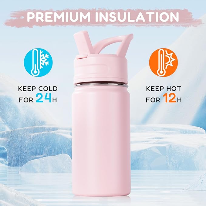 Fijinhom 12oz Kids Water Bottle for School, Toddler Bottles with Straws, Stainless Steel Vacuum Insulated Water Bottle for Boys&Girls, Leak-Proof, BPA-Free, Pink