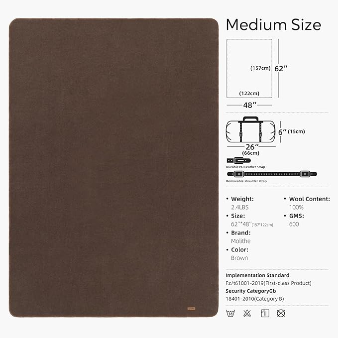 Molithe 100% Wool Blanket, 48" x 62", Warm, Thick, Washable, Military Wool Blanket, Great for Camping, Outdoors, Sporting Events, Survival Kits, Brown