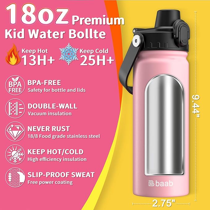 baab 18oz Kids Water Bottle, Insulated Kids Water Bottle with Lockable Spout Lid & Stickers, 18/8 Stainless Steel Vacuum Leakproof Kid Water Cup for Boy Girl School (Pink+Mint Green, 2 Pack)