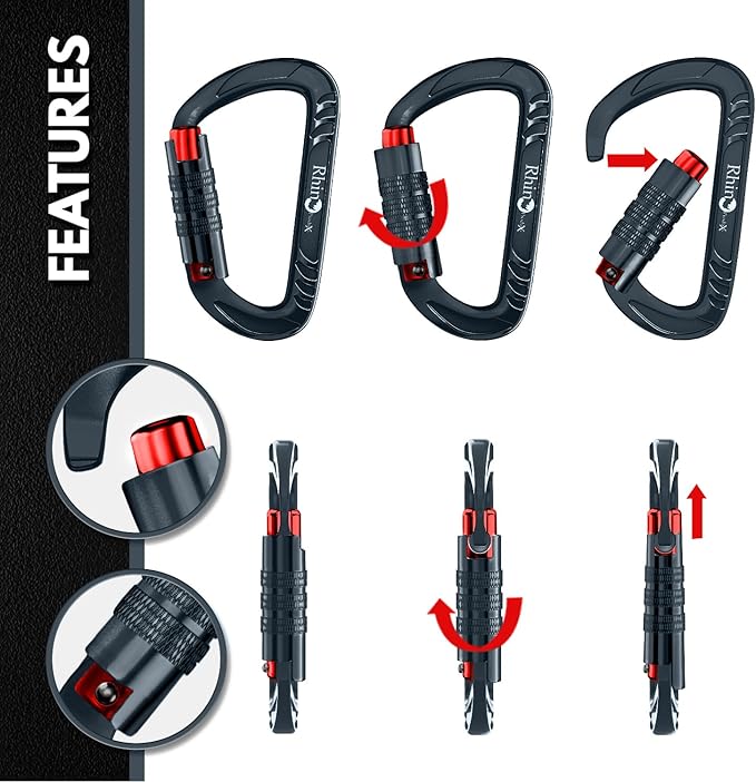 Rhino Produxs 12kN (2697 lbs) Heavy Duty Carabiner Clips, for Securing Pets, Outdoor, Camping, Hiking, Hammock, Dog Leash Harness, Keychains