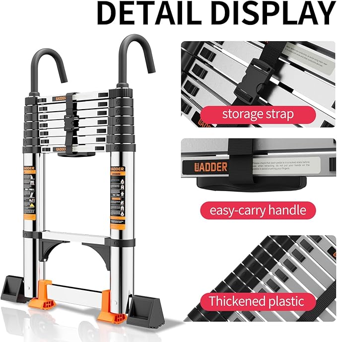 Telescoping Ladder,with Stable Hook and stabilizer barand,Extension Ladder, Heavy Duty 330lbs Max Capacity, Multi-Purpose Collapsible Ladder for RV or Outdoor Work(14.5FT/4.4M)