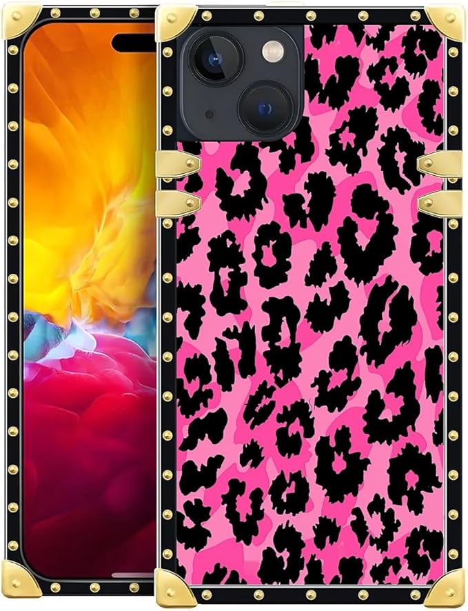 Compatible with iPhone 15 Case, Pink Black Leopard Luxury Golden Decoration for Girl Women Soft TPU Shockproof Protective Hard PC Back for iPhone 15