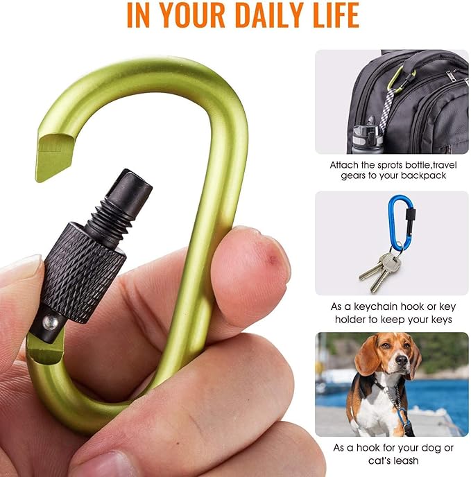 Carago Carabiner Clips with Screw Gate, 10 Pack Carabiners Hiking Clips with 7.5mm Diameter Aluminum Rod