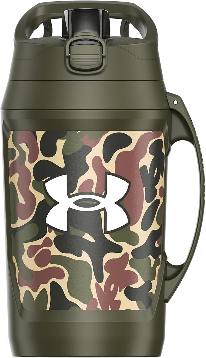 Under Armour Half Gallon Water Bottle Insulated, 64oz Insulated Water Bottle with Handle, Fence Hook, Leak Resistant, for Baseball, Football & More - Green Hyper Camo