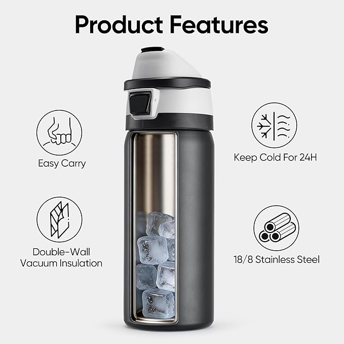 Fijinhom 24 oz Insulated Water Bottle with 2-in-1 Straw and Spout Lid, Stainless Steel Double Wall Vacuum Flask, Sports Water Bottle Keeps Cold 24H, Leak Proof for Gym, Outdoor, Travel (Black)