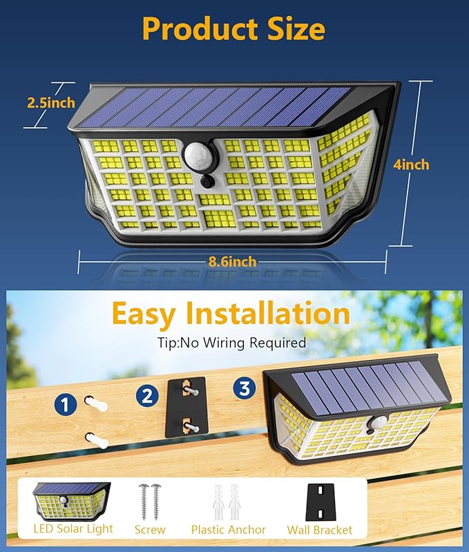 WdtPro Solar Lights Outdoor Waterproof, 300° Angle & 3 Lighting Modes Motion Sensor Outdoor Lights, Solar Security Flood Lights for Outside Fence Wall Yard Front Door Deck Garden Garage