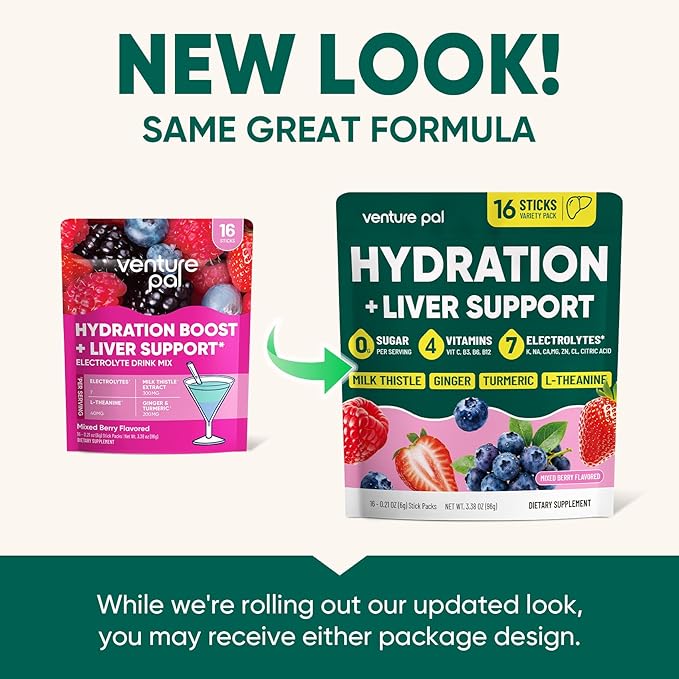 Venture Pal Hydration Packets + Liver Support- Liquid Daily IV Electrolyte Powder Packets with 7 Electrolytes & 5 Vitamins, Milk Thistle + L-Theanine | Sugar-Free | Keto Friendly | Vegan, 16 Sticks