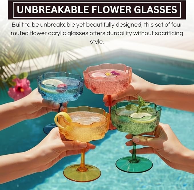 Khen Shatterproof Acrylic Flower Wavy Vintage Art Deco Martini, Champagne & Cocktail Muted Pastel Color Plastic Tritan Coupe Glasses | 4 Set | 8.5oz Glassware Classic Cocktail Indoor & Outdoor Set