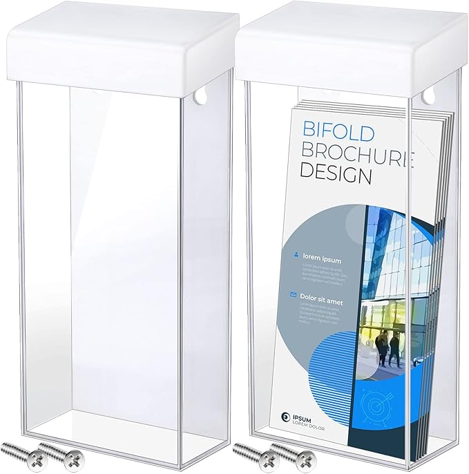 Remerry 2 Pieces Acrylic Outdoor Brochure Holder 4 x 9 Inch Waterproof Wall Mount Literature Box with White Lid Clear Pamphlet Holder for Pamphlet Map Menu Display