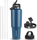 HYDROWION 32 oz Insulated Water Bottle, Car Water Bottle Holder - Double Wall Vacuum Insulated Travel Bottle with Straw Lid, Spout Lid and Flex Cap - Cold for 24H, Hot for 12H, Cobalt