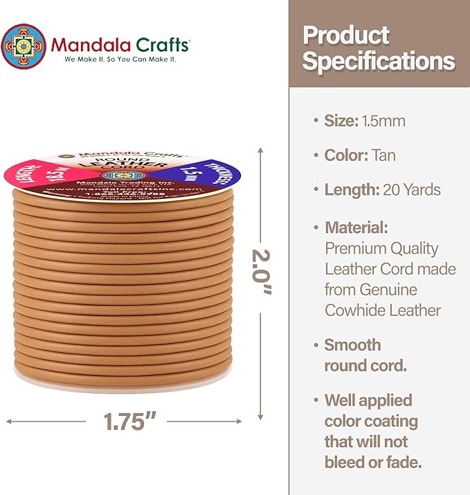 Mandala Crafts Round Genuine Tan Leather Cord for Jewelry Making – 1.5mm Cowhide Leather Rope String Lace for Kumihimo – 20 Yards Cowhide Craft Cording Spool