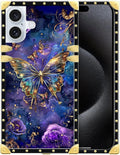 Compatible with iPhone 16 Case, Glistening Golden Butterfly Vibrant Purple Blue Luxury Golden Decoration for Girl Women Soft TPU Shockproof Protective Hard PC Back