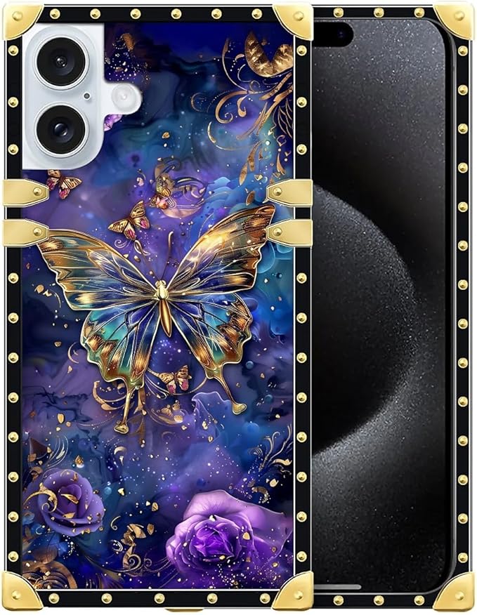 Compatible with iPhone 16 Case, Glistening Golden Butterfly Vibrant Purple Blue Luxury Golden Decoration for Girl Women Soft TPU Shockproof Protective Hard PC Back