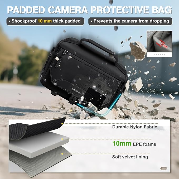 RAINSMORE Camera Bag, Small DSLR/SLR/Mirrorless Camera Sling Bag Waterproof Camera Case with Tripod Holder & Rain Cover Compact Crossbody Camera Bags for Photographers Everyday Shoulder Bags, Black