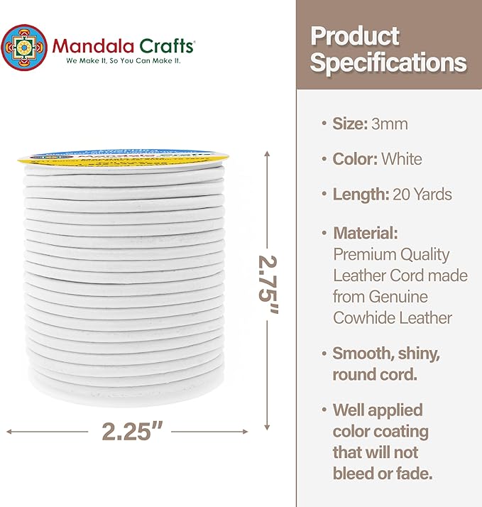 Mandala Crafts Round Cowhide Genuine White Leather Cord for Jewelry Making Kumihimo Leather Rope Spool - White String Lace - 20 Yds 3mm Cording