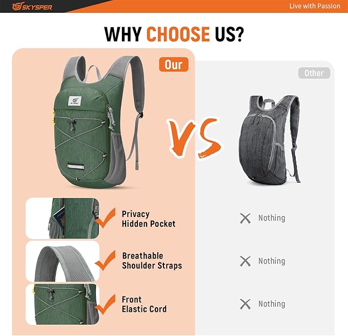SKYSPER Foldable Hiking Backpack - 10L/15L Small Lightweight Daypack Breathable Travel Backpacks