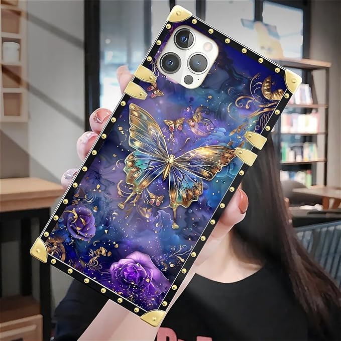 Compatible with iPhone 12 Pro Max Case, Glistening Golden Butterfly Vibrant Purple Blue Luxury Golden Decoration for Girl Women Soft TPU Shockproof Protective Hard PC Back