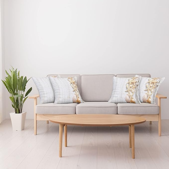 Ambesonne Seashells Throw Pillow Cushion Case Pack of 4, Starfish Marine in Vertical Direction Wood Surface Ocean Beach Nautical Print, Modern Accent Double-Sided Digital Printing, 18", Ivory Cream