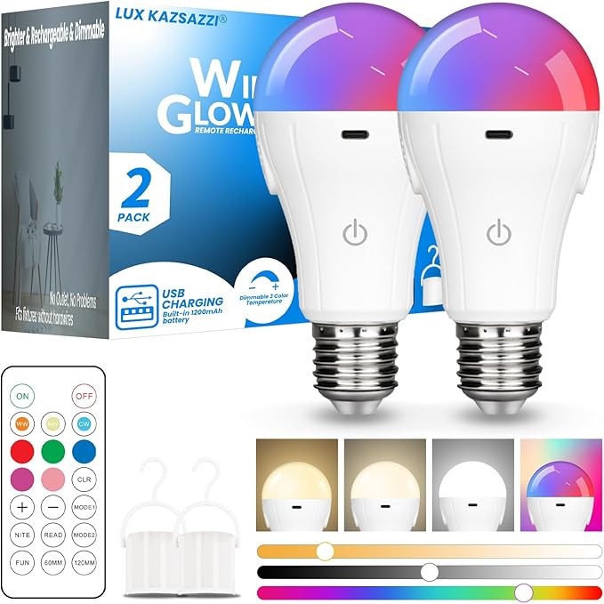 RGB WirelessGlow Rechargeable Light Bulbs with Remote, 8 Color & Dimmable Battery Operated Light Bulb with Memory Mode, 2 Timer, Cordless E26 Bulb for Wall Sconce, Nursery, Power Outage, Closet, 2PK
