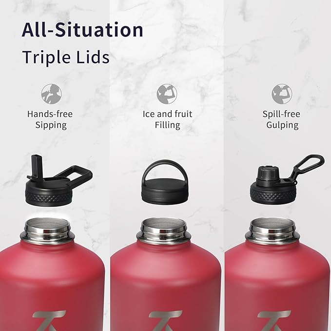 Trebo 1 Gallon Water Bottle Insulated with Paracord Handle and Straw,128oz Vacuum Triple Wall Stainless Steel Large Jug,Keep Ice Cold 48hrs, Leakproof Sports Gym Flask for Men Women, Ruby Red