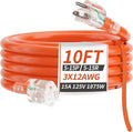 PlugSaf 10 FT 12/3 Gauge Extension Cord Outdoor with Lighted end, Flexible Cold-Resistant 3 Prong Electric Cord Outside, 15Amp 1875W 12AWG, Orange, ETL Listed