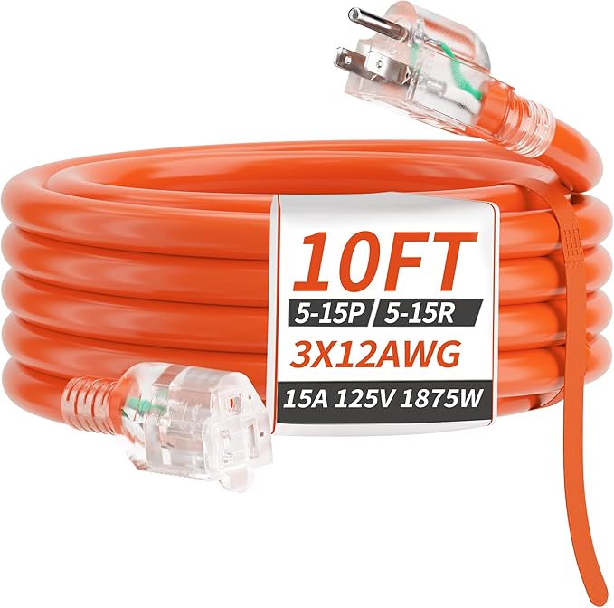 PlugSaf 10 FT 12/3 Gauge Extension Cord Outdoor with Lighted end, Flexible Cold-Resistant 3 Prong Electric Cord Outside, 15Amp 1875W 12AWG, Orange, ETL Listed
