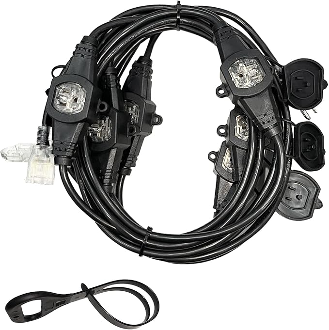 25FT Power Extension Cord 3 Prong, 16 Gauge SJTW 5-15R Cable Male Plug to Female Connector,7 Outlets Multiple Evenly-Spaced Plug,Suitable for Stage Setting or Outdoor,UL Certified Outlet Cable