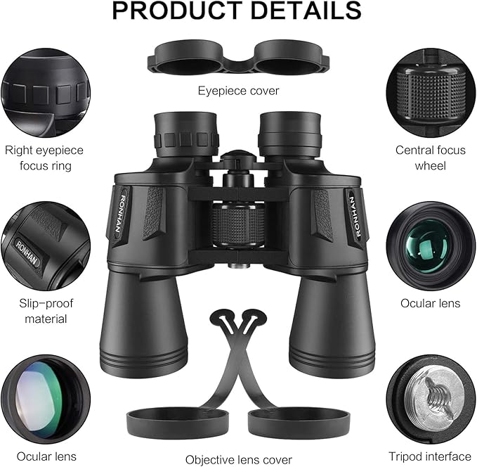 RONHAN Binoculars for Adults High Powered, Military HD Professional/Daily Waterproof 20x50 Binoculars for Bird Watching Travel Hunting Football Games Stargazing with Carrying Case & Strap