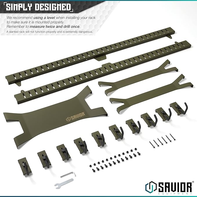 Savior Equipment Horizontal Steel Wall Mount Firearm Rifle Display Rack, Compound Bow Shotgun Carbine Gun Sword Tactical Vest Gear Hanger Free-Standing Indoor Storage Organizer, 10 Mounting Hooks