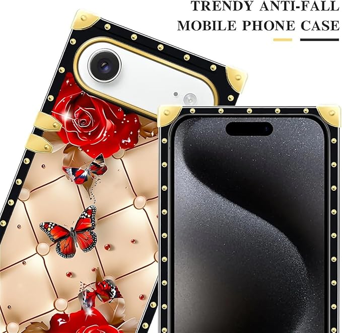 for iPhone 17 Air Case Luxury Golden Decoration for Girl Women Soft TPU Shockproof Protective Hard PC Back for iPhone 17 Air Crazy Pattern Shining Red Rose Butterfly Leather Background
