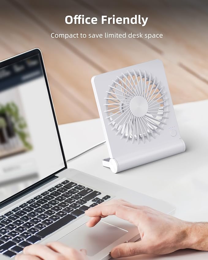 Koonie USB Fan, Strong Wind Quiet Small Desk Fan 220° Tilt Folding 3 Speeds Adjustable USB-C Powered Personal Fan for Home Office Desktop, White, NO BATTERY
