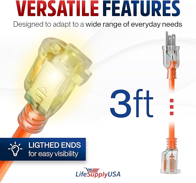 3ft Outdoor/Indoor Extension Cord 14/3 Gauge Heavy Duty 3 Prong SJTW, Waterproof, Flexible Cold-Resistant Long Power Cord,15A 125V 1875W, Orange by LifeSupplyUSA