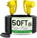 POWGRN 30 Amp RV Extension Cord 50 FT Outdoor with Grip Handle, Flexible Heavy Duty 10/3 Gauge STW 3 Prong RV Power Cord with Cable Organizer, NEMA TT-30P to TT-30R, Black-Yellow, ETL Listed
