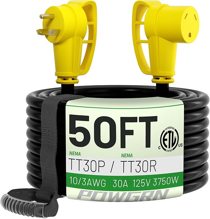 POWGRN 30 Amp RV Extension Cord 50 FT Outdoor with Grip Handle, Flexible Heavy Duty 10/3 Gauge STW 3 Prong RV Power Cord with Cable Organizer, NEMA TT-30P to TT-30R, Black-Yellow, ETL Listed