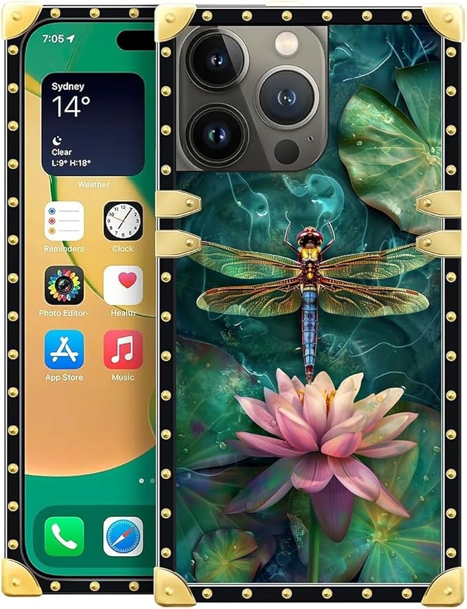 Compatible with iPhone 14 Pro Max Case, Colourful Dragonfly Pink Lily Pads Luxury Golden Decoration for Girl Women Soft TPU Shockproof Protective Hard PC Back for iPhone 14 Pro Max