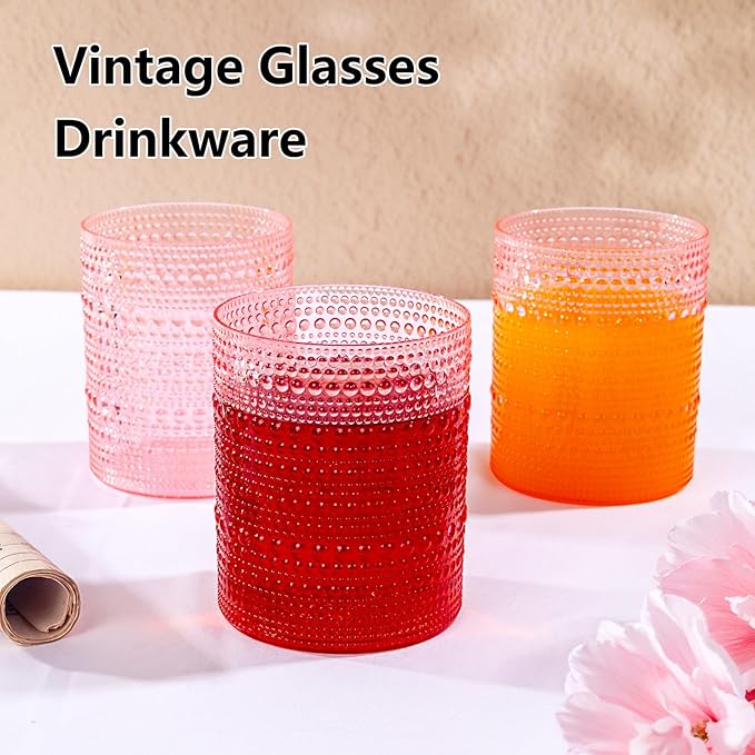 YOUBET 24PCS Plastic Drinking Glasses - 14OZ Pink Hobnail Drinkware Glasses - Vintage Glassware Textured Beaded Cups for Water, Beer, Whiskey, Juice and Various Mixed Drinks Mothers Day